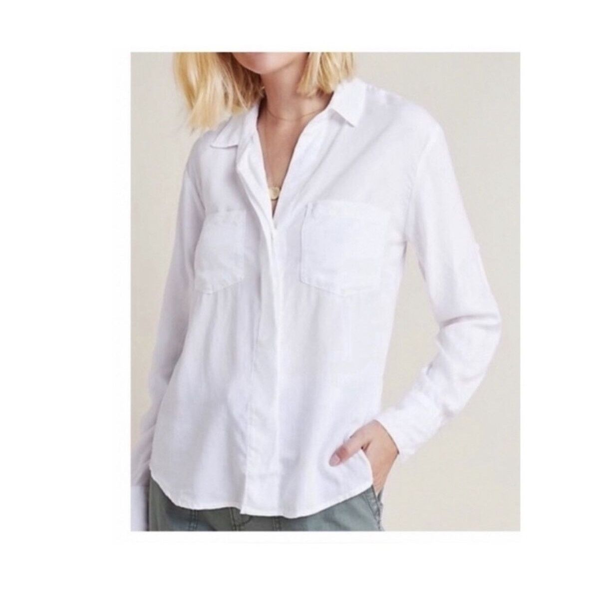 Anthropologie Cloth & Stone Lyocell Split Back Button Down Shirt White S Size S / US 4 / IT 40 - 9 Thumbnail