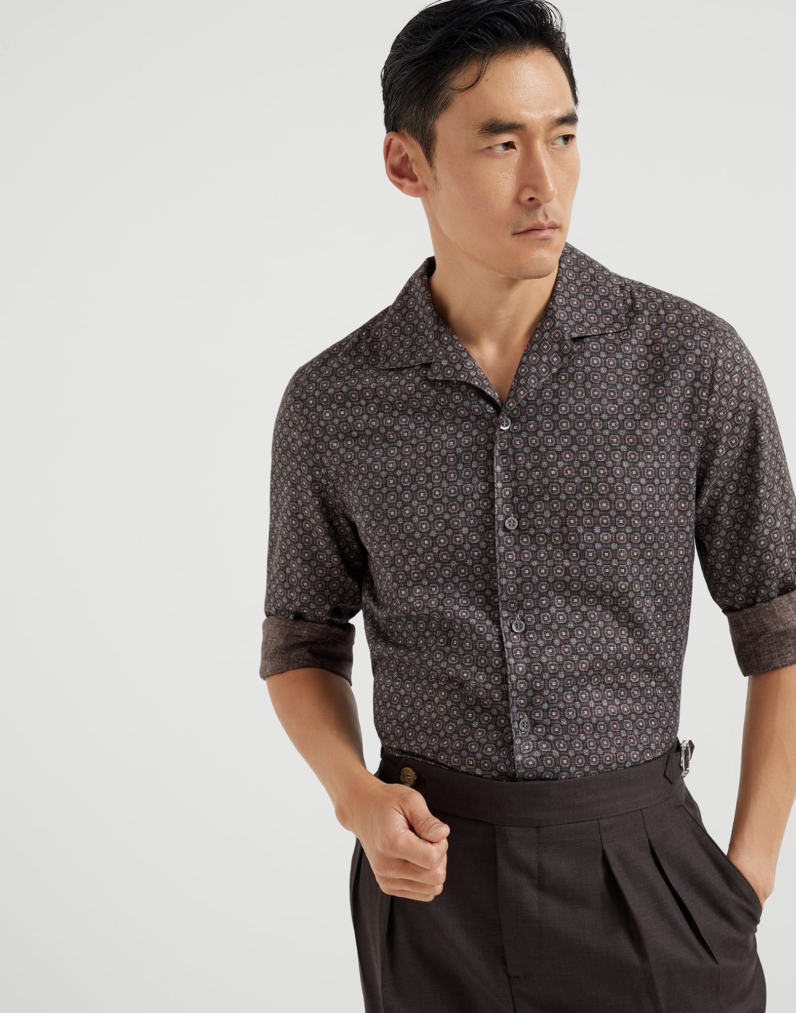 Brunello Cucinelli o1la1rc1a0326 Geometric Print Twill Easy Fit Shirt in Brown Size US S / EU 44-46 / 1 - 4 Thumbnail