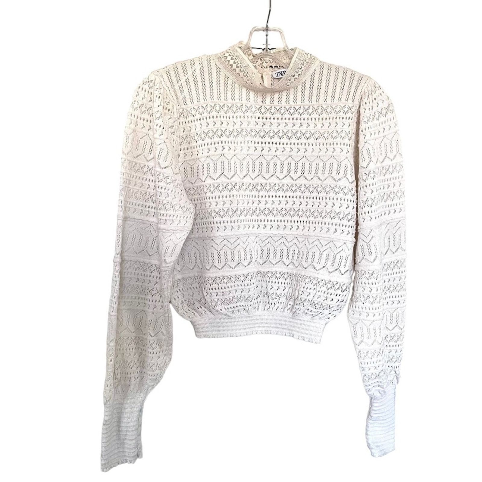 Zara Zara ecru lace knit pointell open knit sweater size Large Size L / US 10 / IT 46 - 4 Thumbnail
