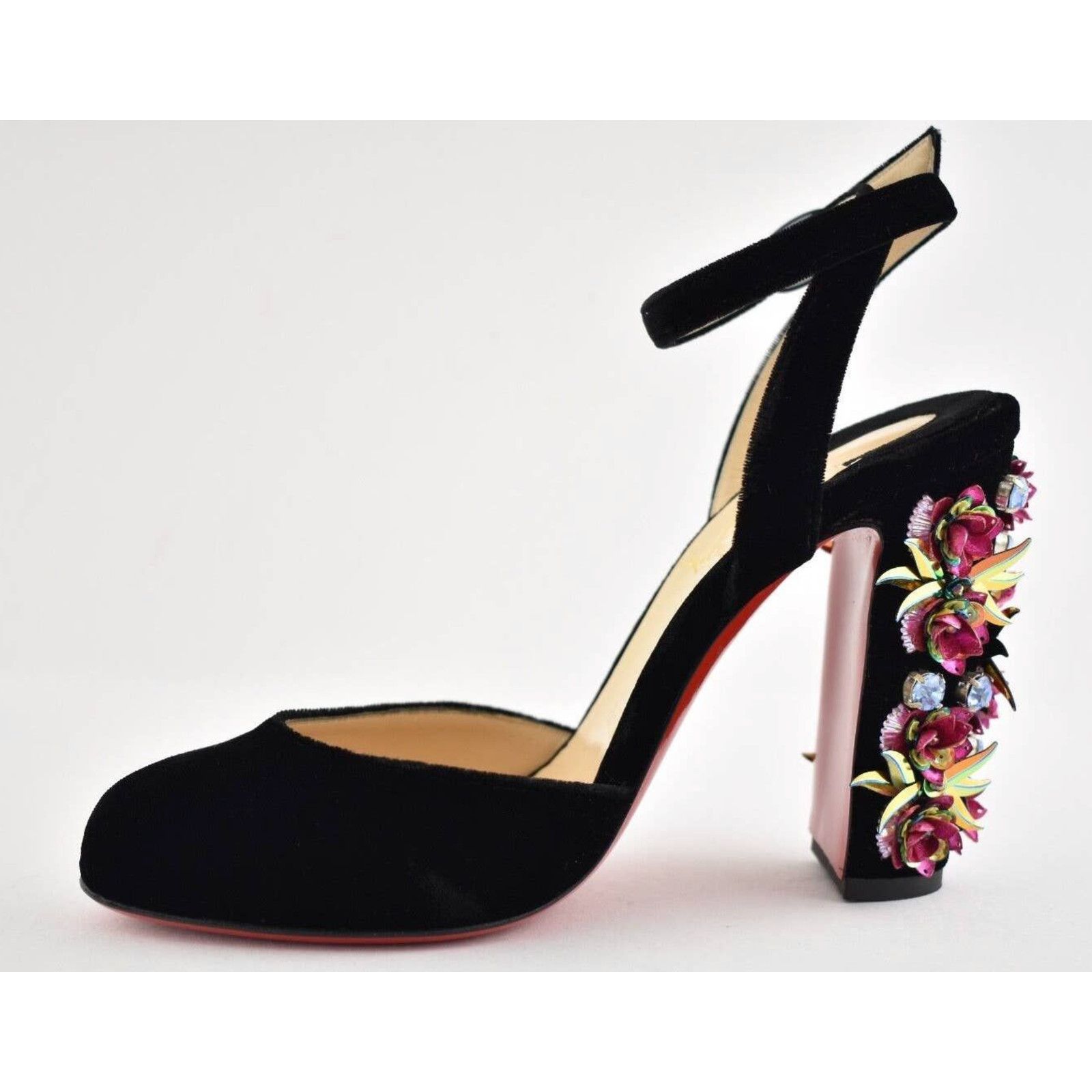 Madonaflor 100 Black Velvet Ankle Strap Block Heel Pump 36.5