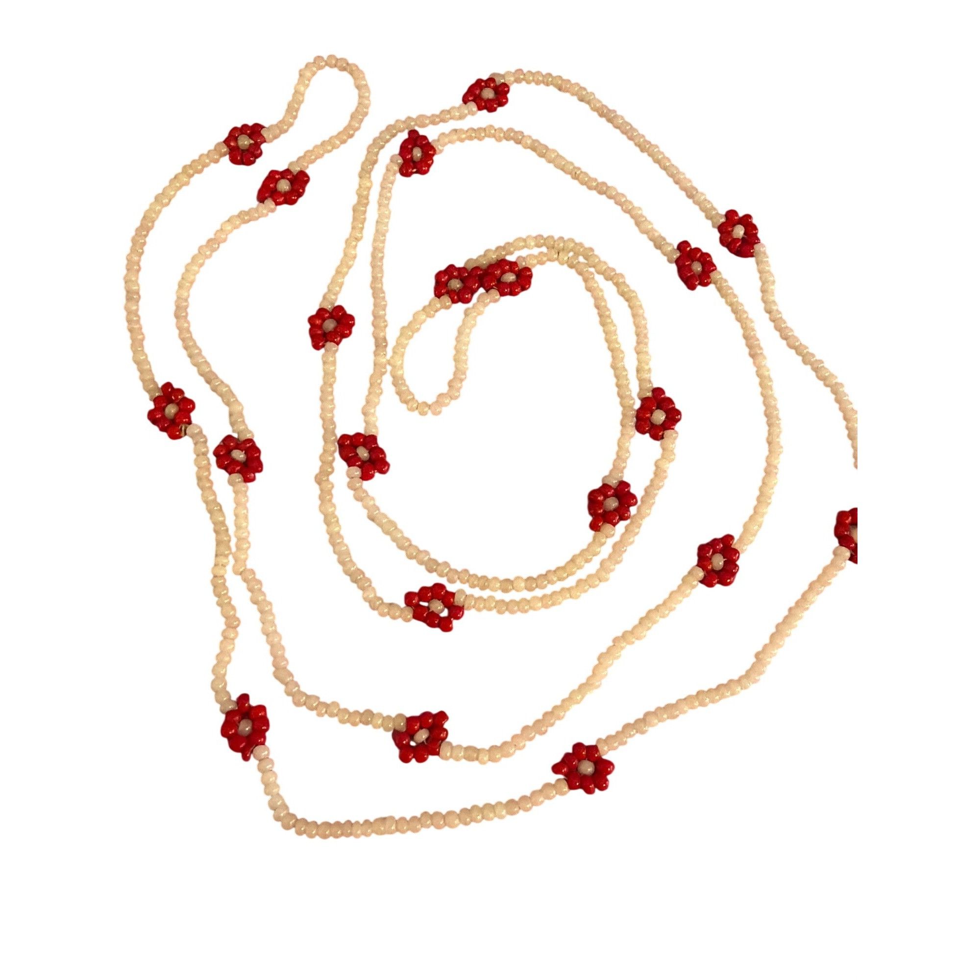 Other Vintage Seed Bead Necklace White Red Flowers No Clasp 43" Bo Size ONE SIZE - 1 Thumbnail