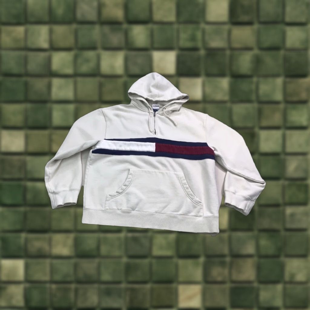 Tommy Hilfiger VINTAGE Tommy Hilfiger Logo Block Quarter Zip Hoodie Mens M Ivory 90s 2000s Y2K Heavyweight Pocket Hooded Pullover Size US M / EU 48-50 / 2 - 1 Thumbnail