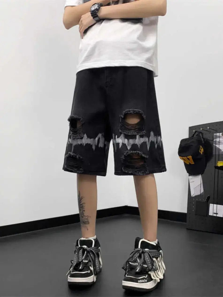 Japanese Brand × Jean Loose graffiti straight leg distressed denim shorts Size US 32 / EU 48 - 2 Thumbnail