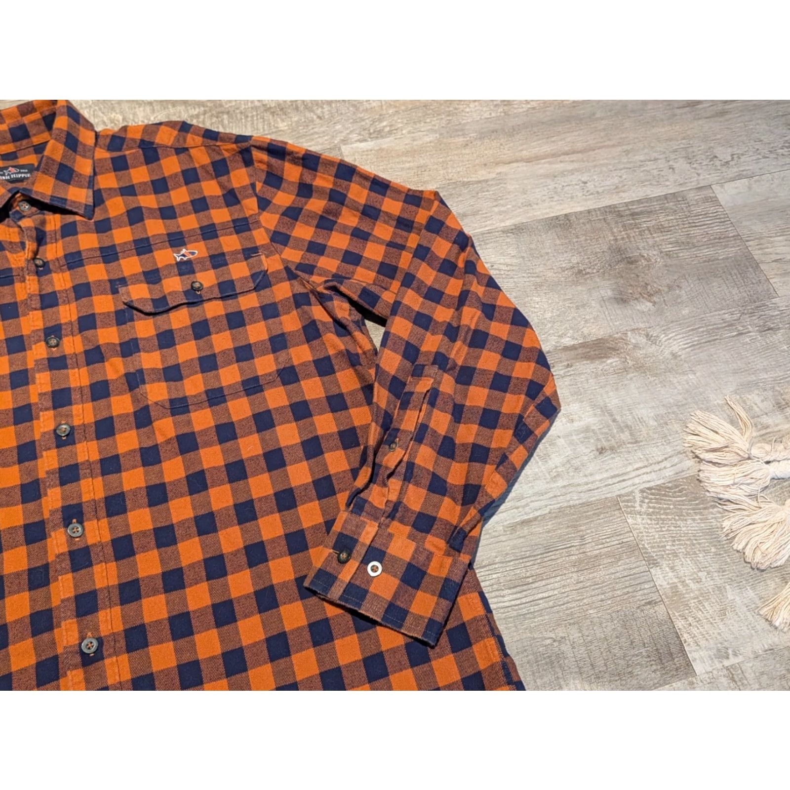 Vintage Fish Hippie Shirt L Orange Check Flannel Button-Down Cotton Soft Pocket Logo Classic 90s Hippie Mens Size US L / EU 52-54 / 3 - 4 Thumbnail