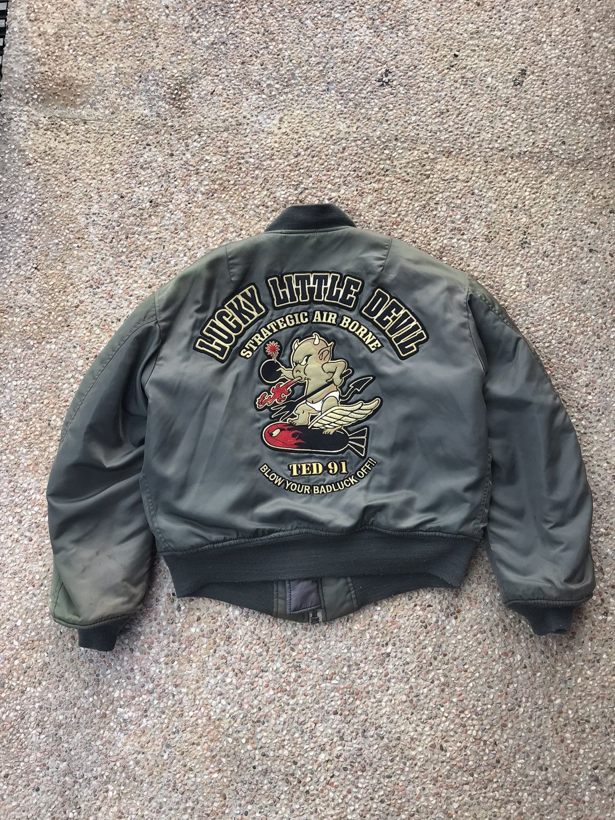 image of Tedman x Varsity Jacket Vintage Ted Man Embroidery Green Army Jacket in Bleu, Men's (Size Large)