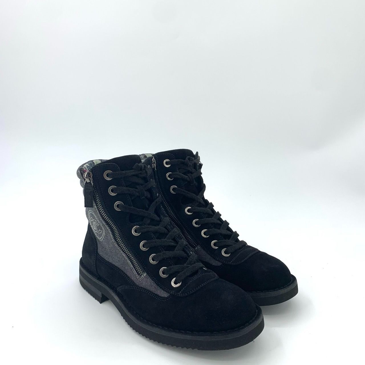 Chanel Black Suede & Textile Lace-Up Combat Boots With Side Zipper Size US 7 / EU 40 - 1 Thumbnail