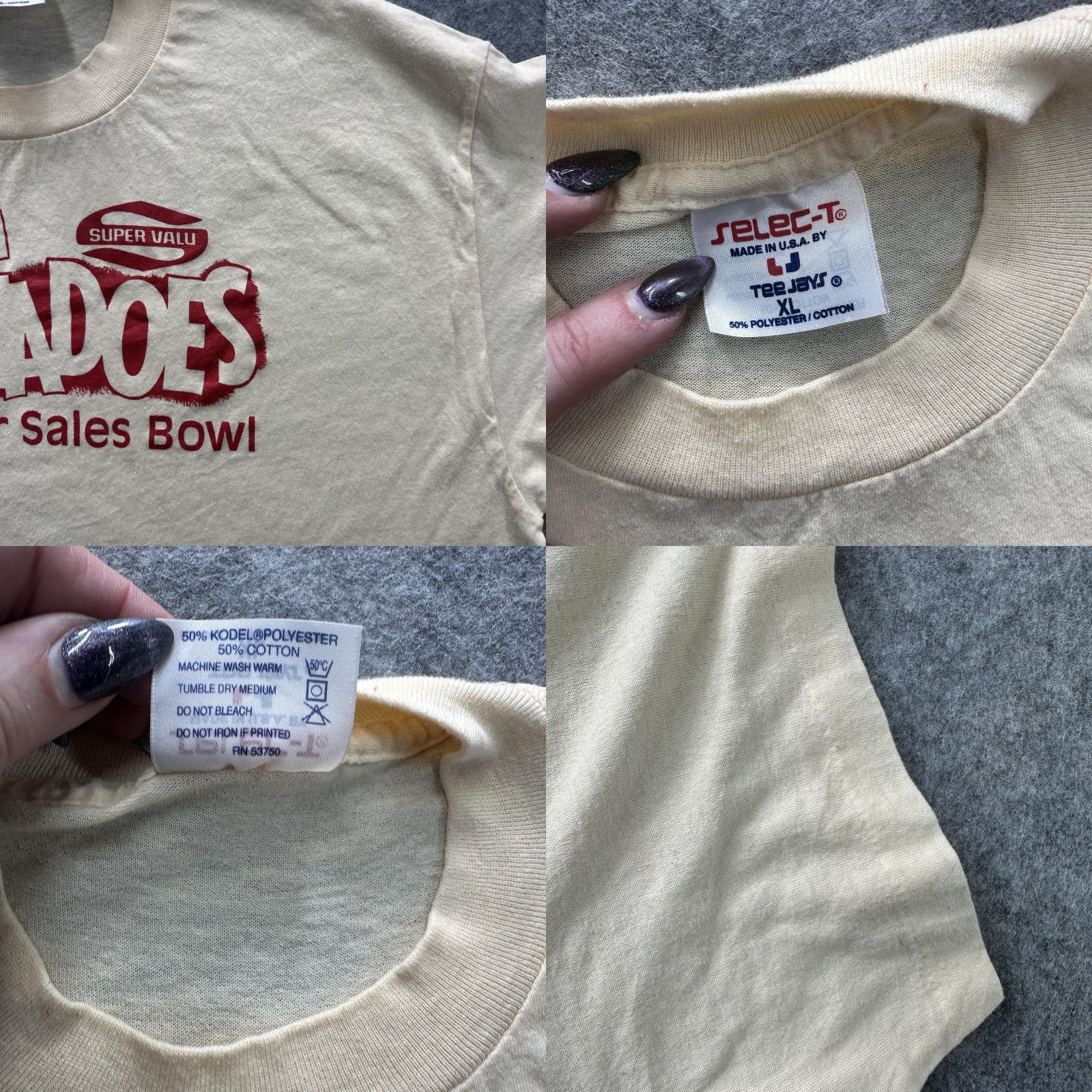 TEE JAYS VINTAGE Ohio Valley Tornadoes Graphic Shirt Mens XL Beige 80s Super Valu SS Crew Neck Graphic Print Sports Tee Jays Tee Shirts Size US XL / EU 56 / 4 - 8 Thumbnail