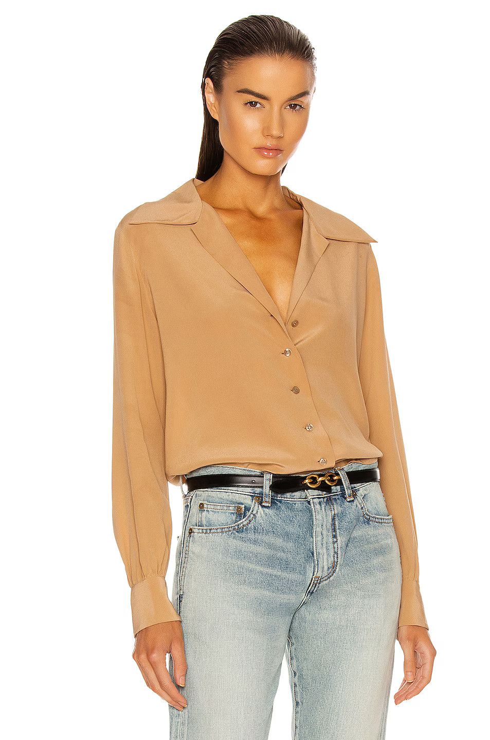 Saint Laurent Paris o1tp1o0125 Open Collar Blouse In Crepe in Beige/Rose Size XL / US 12-14 / IT 48-50 - 1 Thumbnail