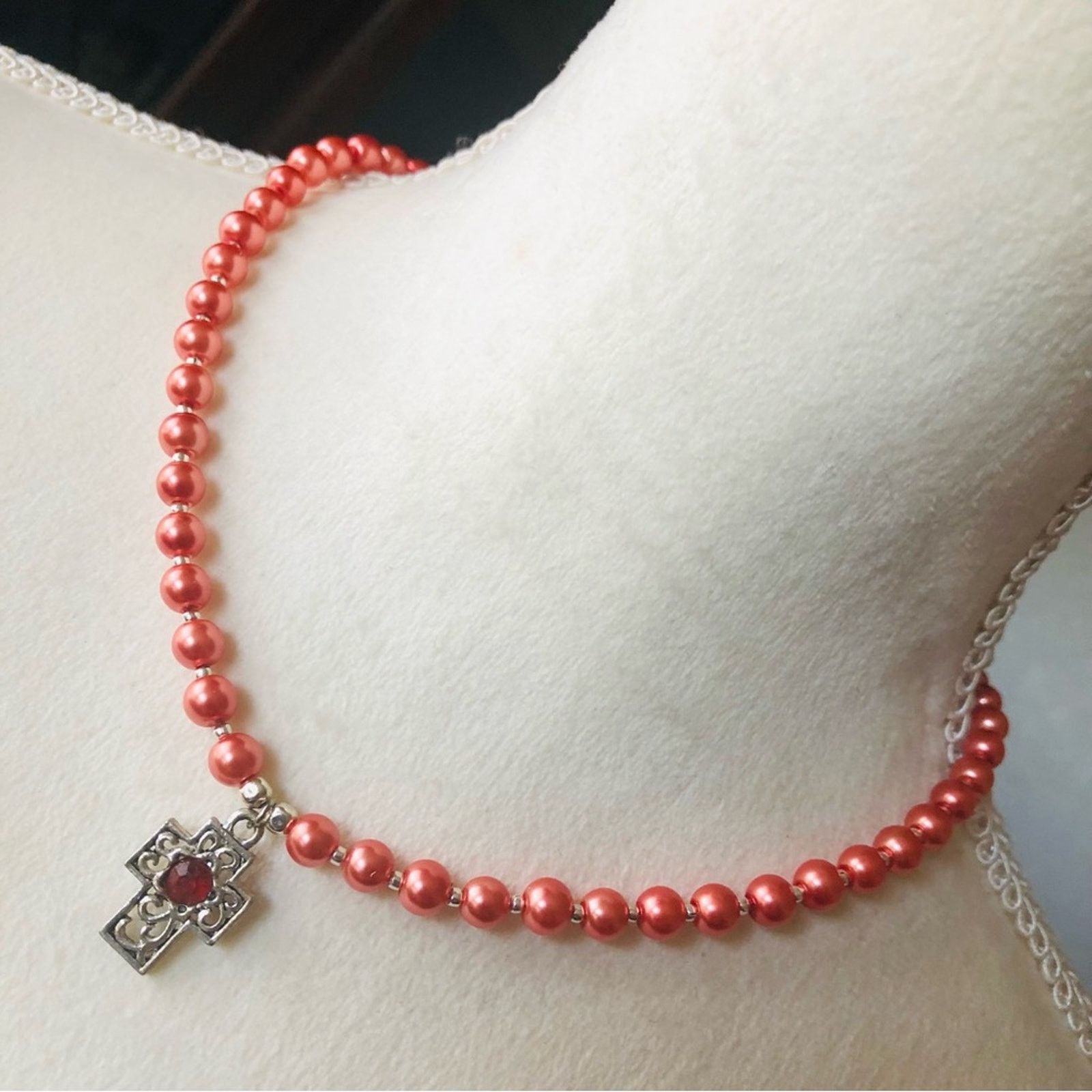 Handmade Handcrafted repurpose antique rose cross Pearl necklace Size ONE SIZE - 1 Thumbnail