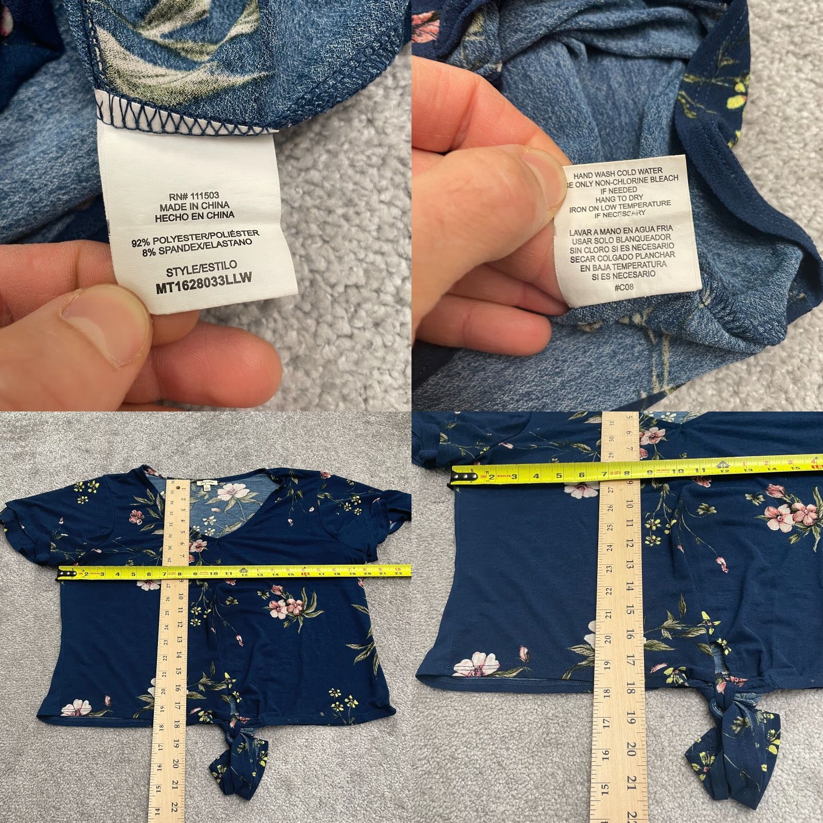 Vintage Lily White Cropped Top Womens Large Navy Blue Floral Short Sleeve Casual Blouse Size L / US 10 / IT 46 - 8 Thumbnail