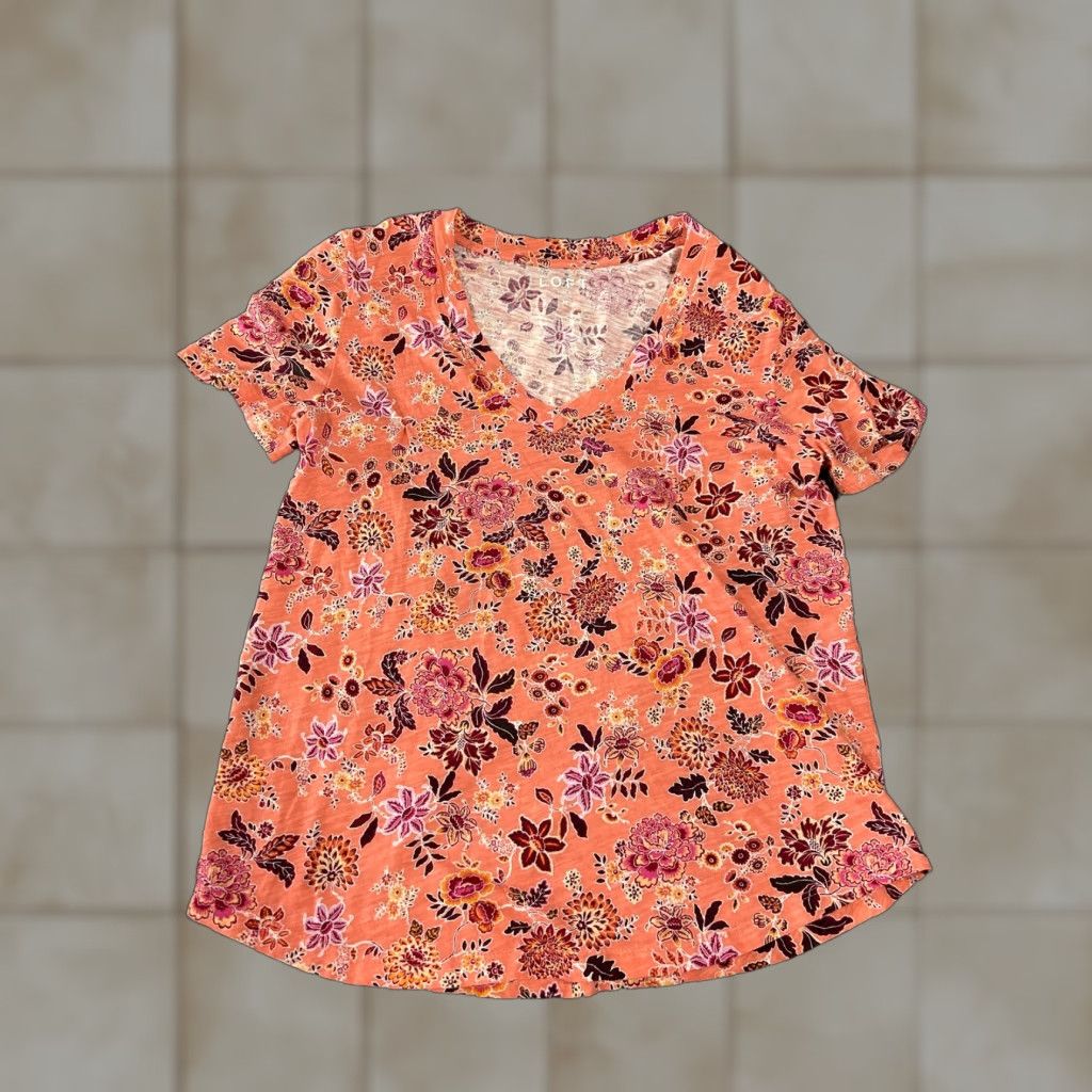Loft Loft Shirt Womens Medium Orange Floral V-Neck Short Sleeve Cotton Tee Top Size M / US 6-8 / IT 42-44 - 1 Thumbnail