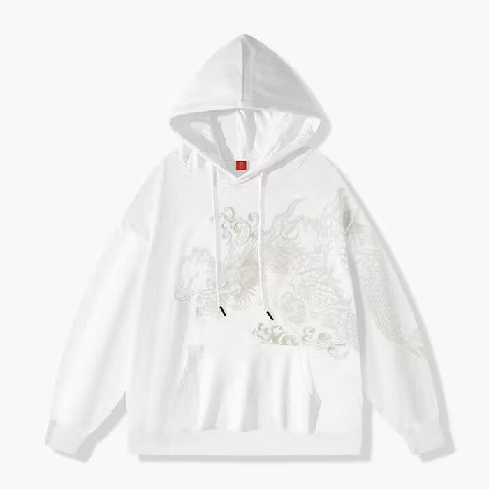 image of Vintage Dragon Embroidery White Hoodie, Men's (Size Large)