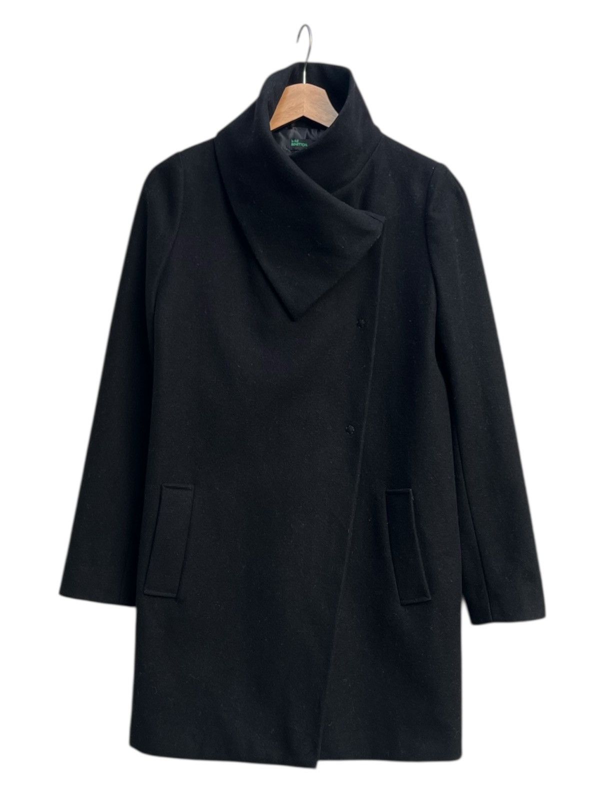 United Colors Of Benetton Stile Benetton Asymmetric Wool Wrap Coat Funnel Neck Black Size S / US 4 / IT 40 - 2 Thumbnail