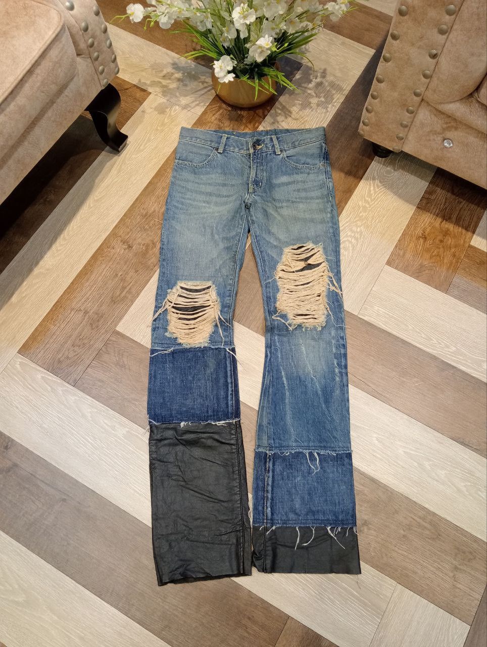 BUFFALO JEANS JAPAN LEATHER + BLUE DENIM HAGI FLARED PANTS