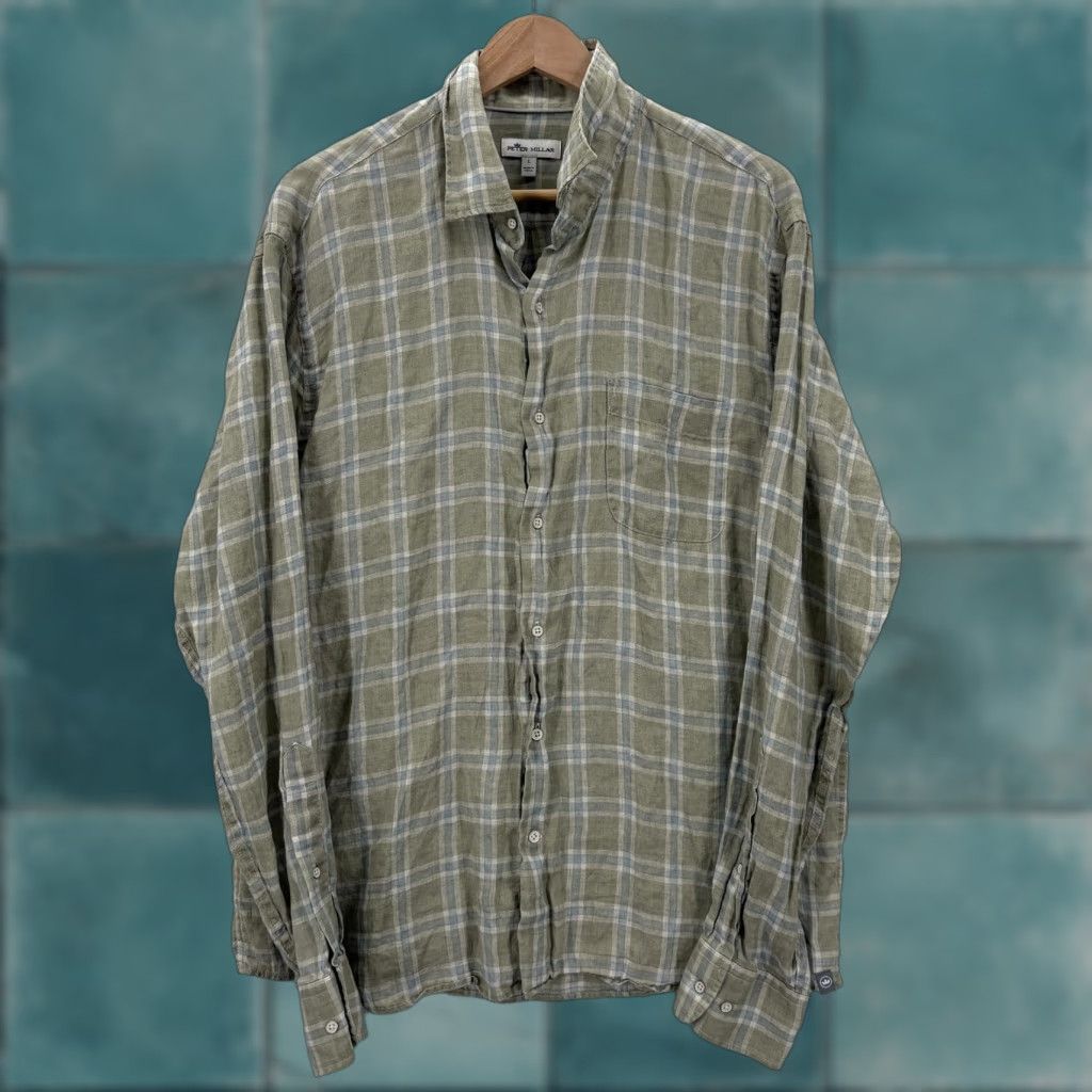 Peter Millar VINTAGE Peter Millar Shirt Mens Large Green Blue Plaid 100% Linen Button Front Preppy Size US L / EU 52-54 / 3 - 1 Thumbnail
