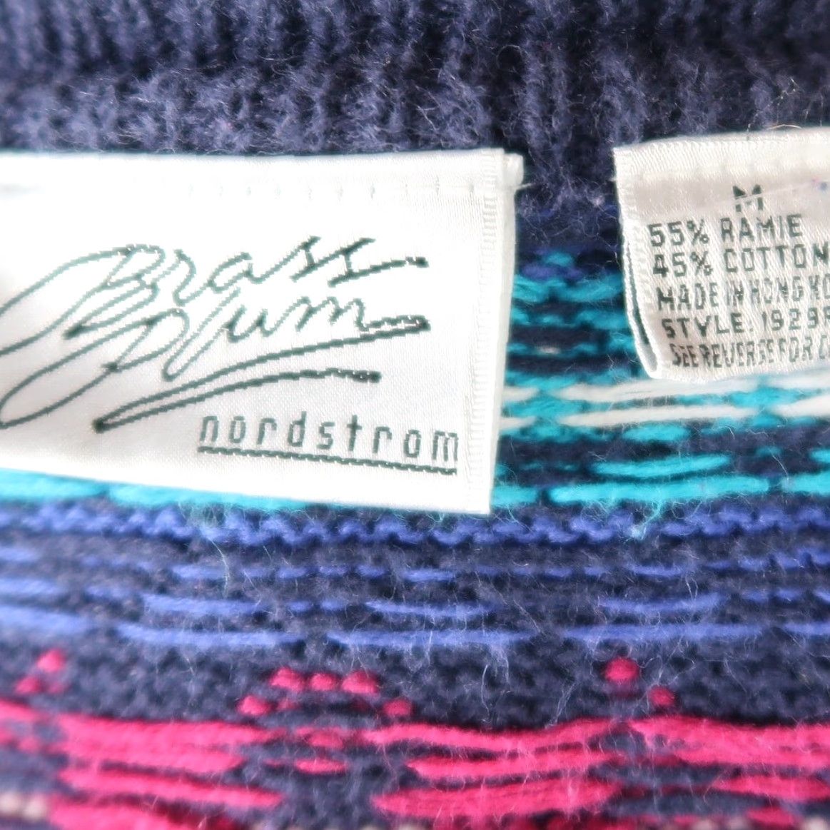 Nordstrom VINTAGE 90s Geometric Cotton Knit Sweater M Navy Blue Pink Geometric V-Neck Pullover Womens Size M / US 6-8 / IT 42-44 - 5 Thumbnail