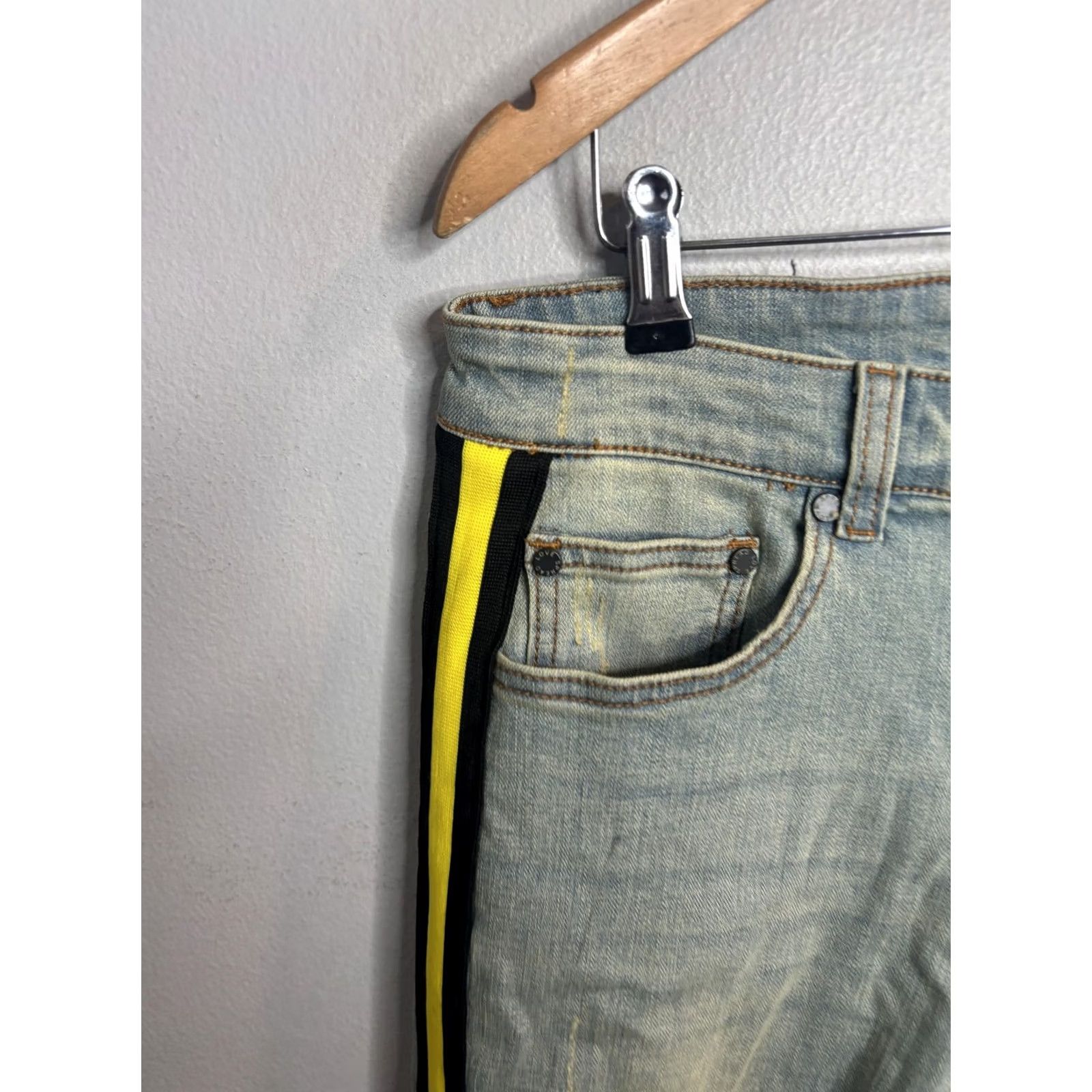 Vintage VINTAGE Serenede Jeans Mens 30 Light Wash Distressed Skinny Yellow Black Side Stripe Denim Slim 30 in Blue Mens Jeans Side Stripe Distressed 90s Style Size US 30 / EU 46 - 2 Thumbnail