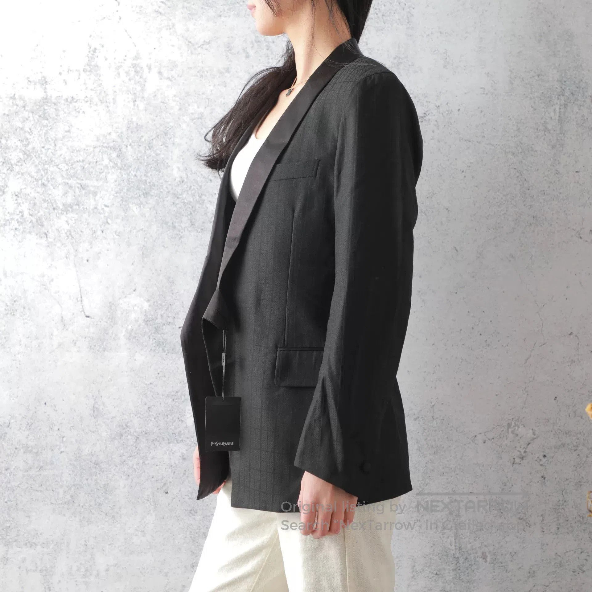 Yves Saint Laurent YSL Black Wool Plaid Lapel Blazer. Size L / US 10 / IT 46 - 4 Thumbnail