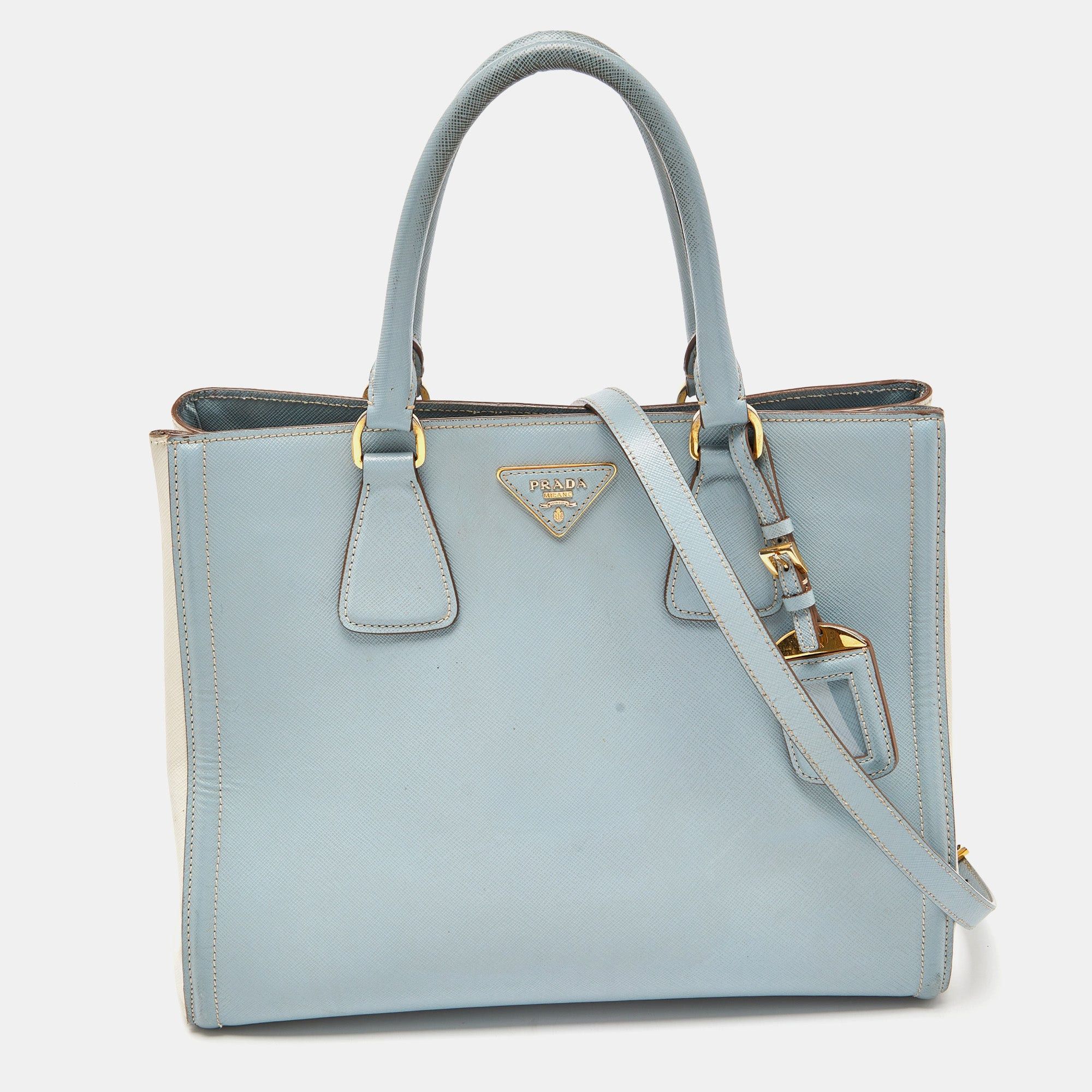 image of Prada Blue/white Saffiano Lux Leather Open Tote, Women's