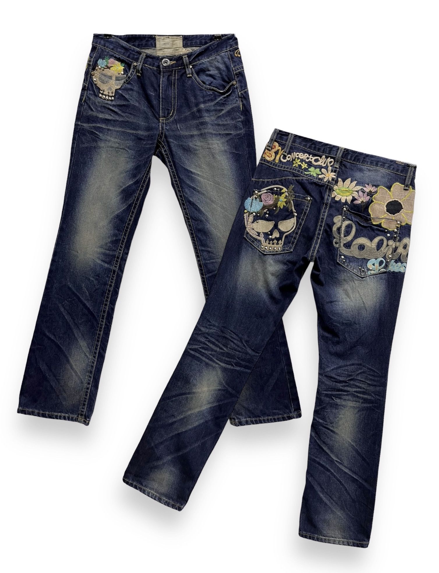 image of Skull Jeans x Vintage VTG Lolita Concept Club Embroidery Skulls & Flowers Denim in Blue, Women's (S