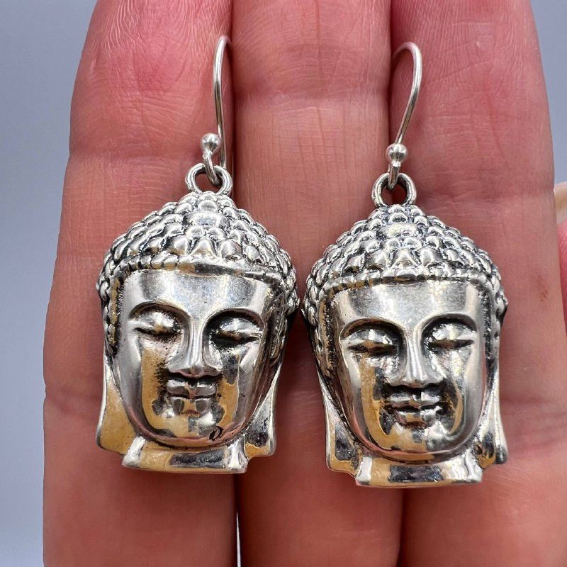 Sterling Silver Vintage Sterling Silver 925 Buddha Head Earrings Spiritual Size ONE SIZE - 1 Thumbnail