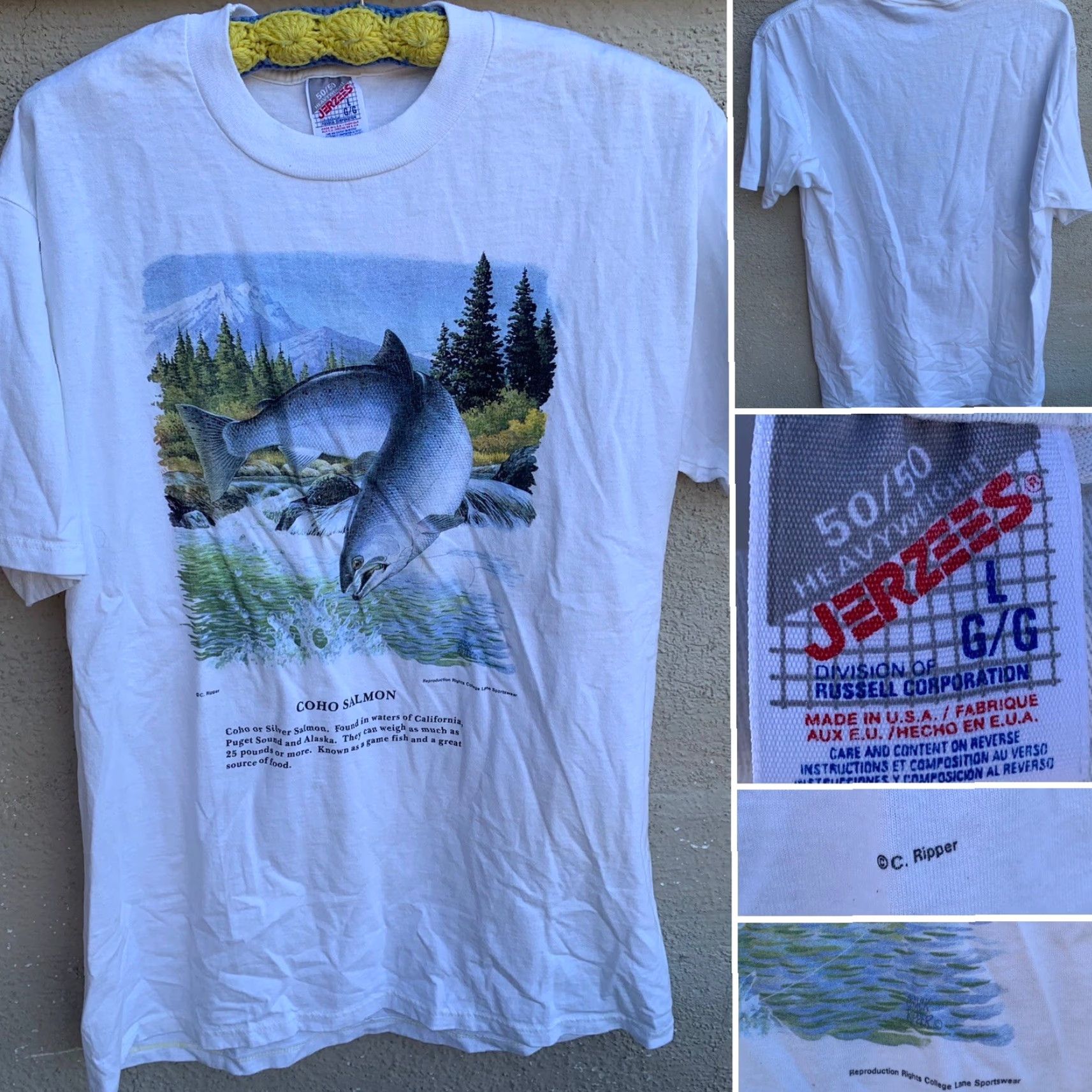 Jerzees VINTAGE Jerzees Coho Salmon T Shirt Men L Graphic Print Crew Neck White 50/50 90s Fish Nature Shirt Size US L / EU 52-54 / 3 - 5 Thumbnail