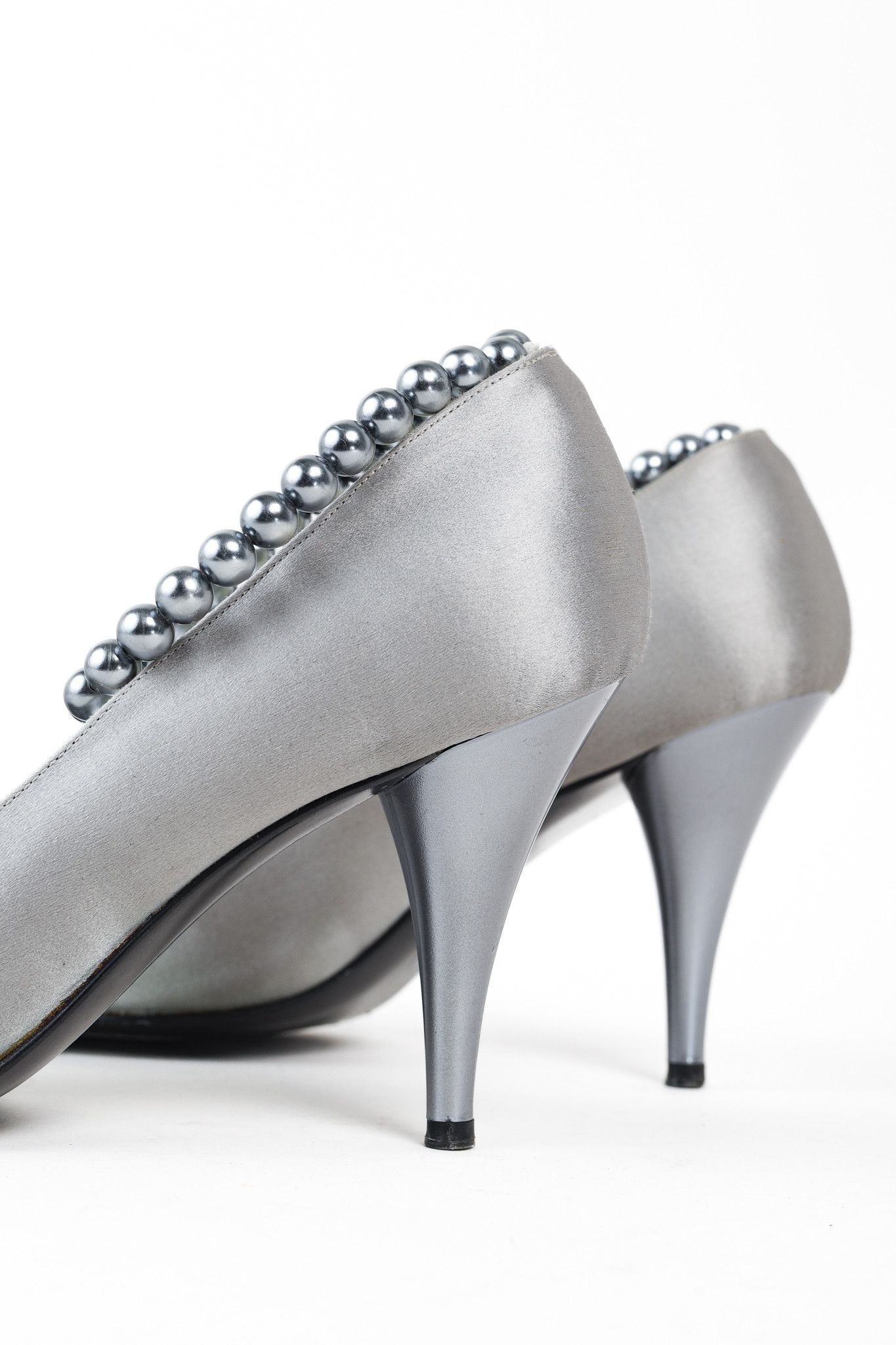 Chanel Chanel Grey Pearl Ankle Satin Pumps Size US 7 / IT 37 - 8 Thumbnail