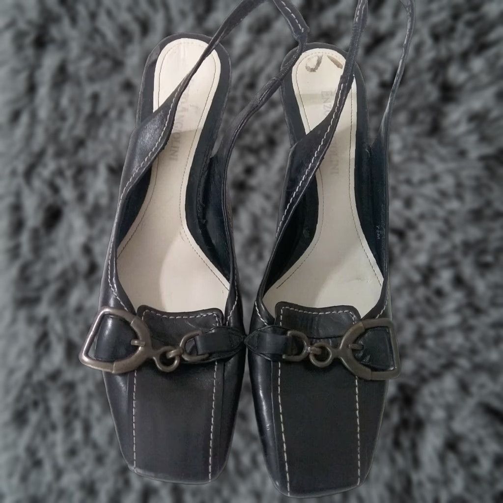 Kenzo Vintage Enzo Angiolini Slingback Sandals Women Black Patent Leather Mid Heel Shoes 7.5