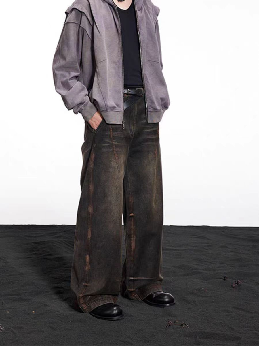 Streetwear heavy washed distressed rust baggy jeans