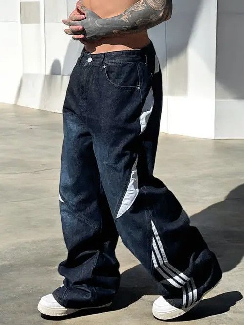 VIBE Blue Wide Leg Stripe Patchwork Denim Jeans, Oversized Jeans Size US 30 / EU 46 - 5 Thumbnail