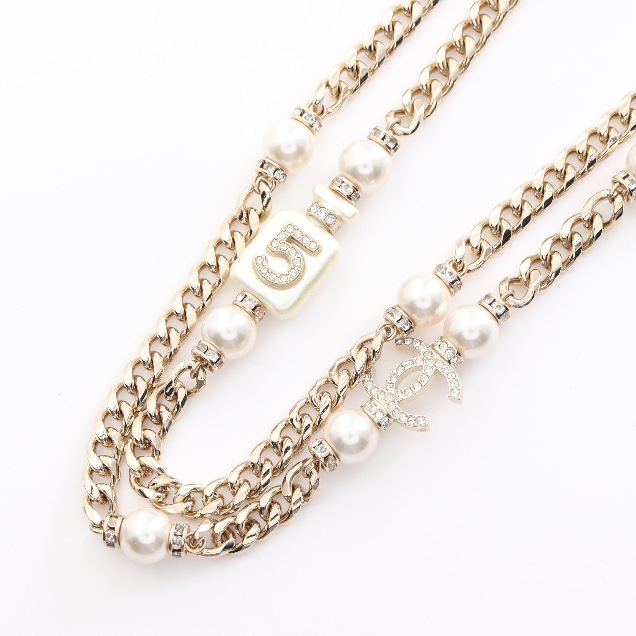 Chanel Chanel Coco Mark Long Necklace Gp Fake Pearl Rhinestone Champagne Gold Off White Clear A22S Size ONE SIZE - 1 Thumbnail