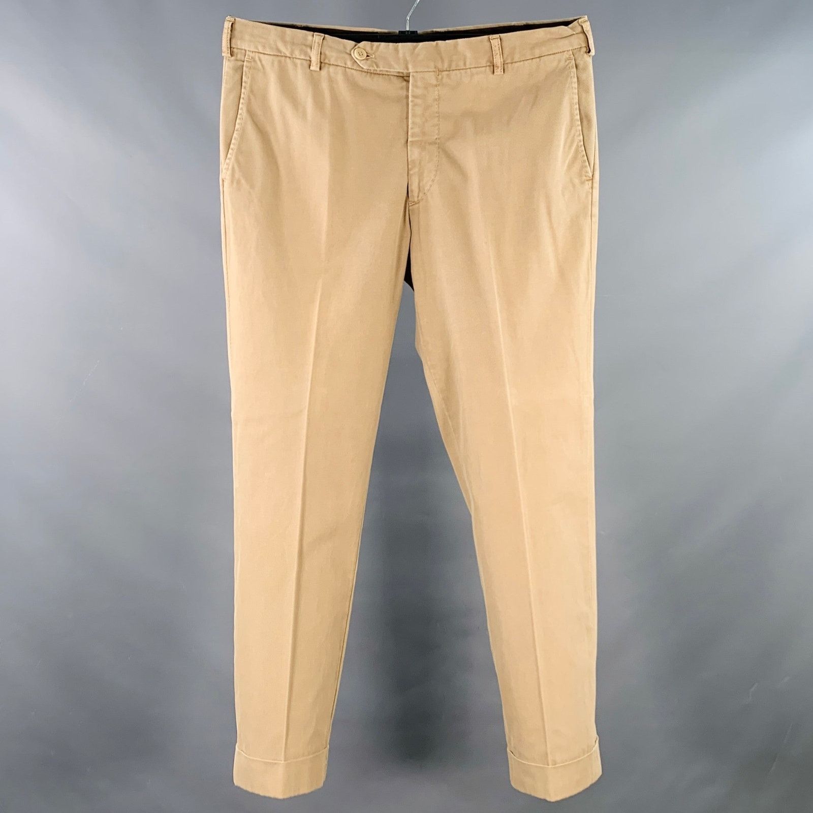 Size 36 Khaki Cotton Blend Twill Flat Front Casual Pants