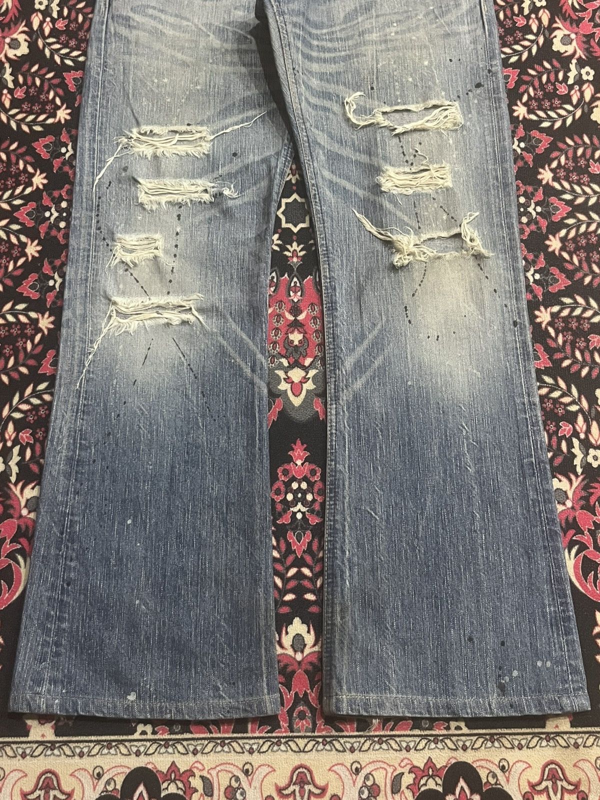 Tornado Mart Edwin 503 Blue Trip Distressed Paint Splattered Flare Jeans Size US 28 / EU 44 - 9 Thumbnail