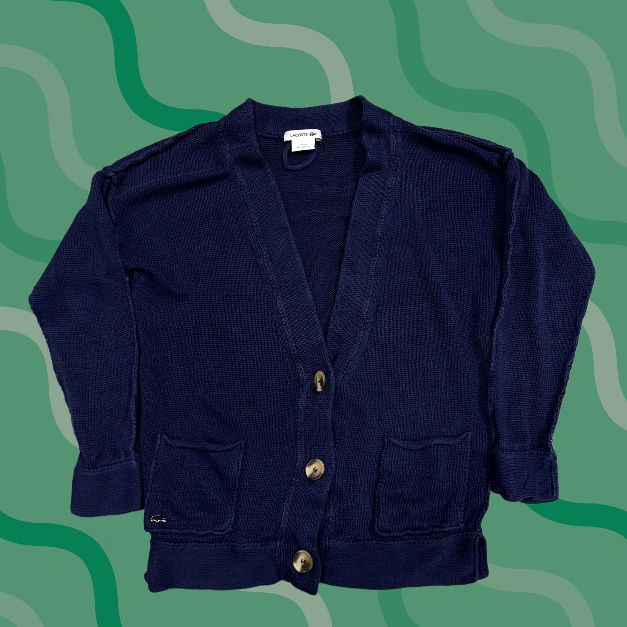 Lacoste Lacoste Cardigan Sweater Womens S Navy Button Front Pockets Knit V-Neck 34 Blue Croc Logo Size S / US 4 / IT 40 - 1 Thumbnail