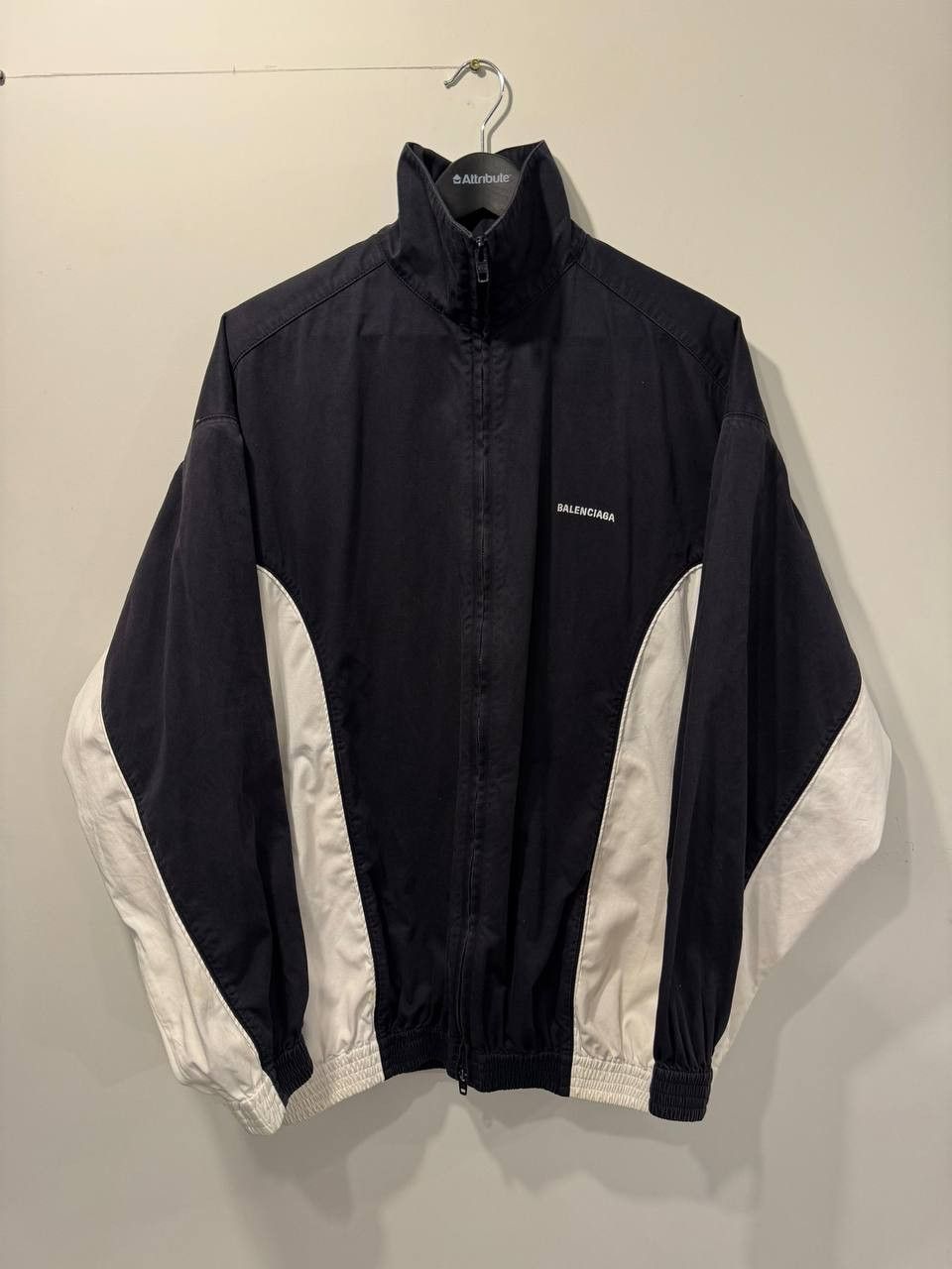 image of Balenciaga Embroidered Logo Windbreaker Jacket in Black White, Men's (Size Small)