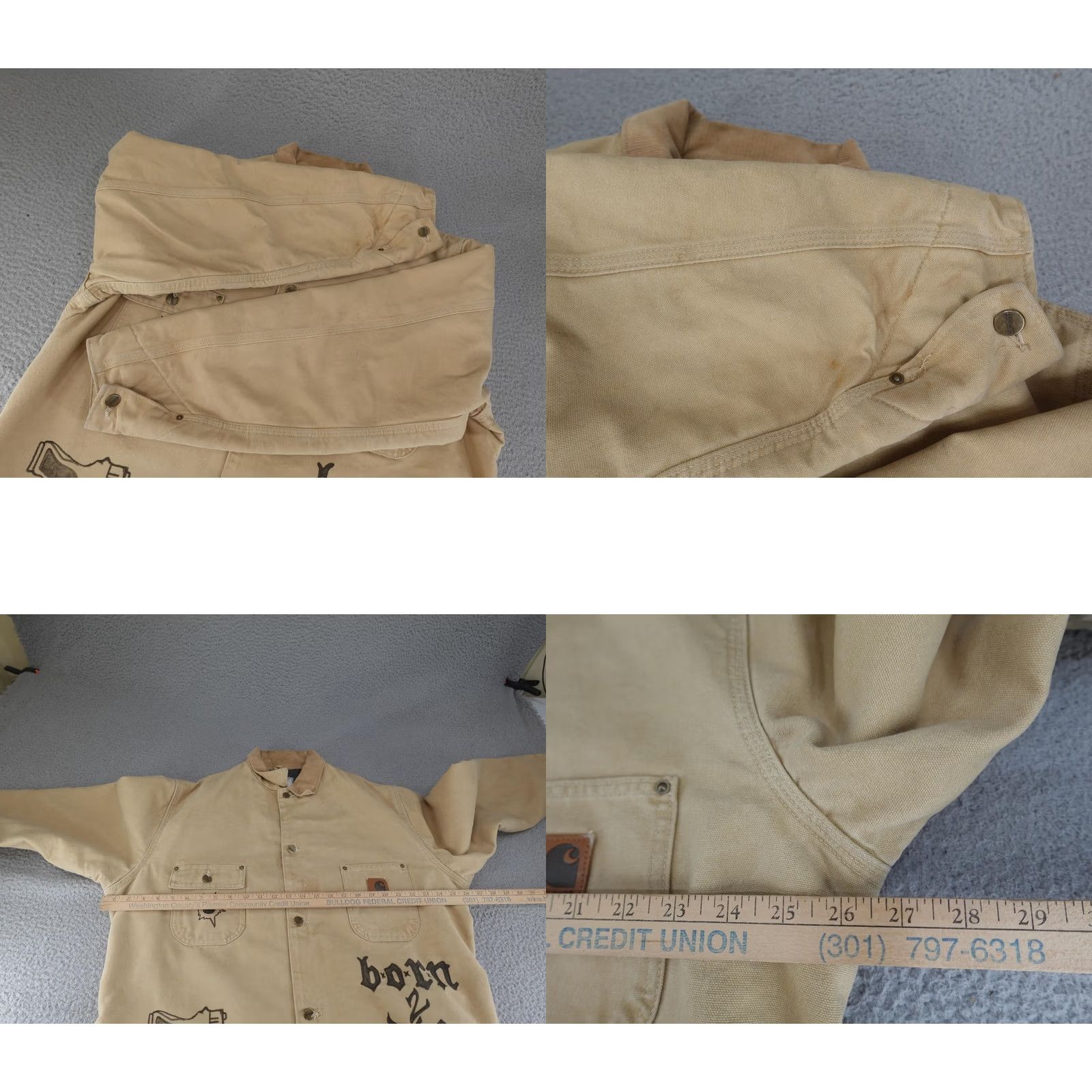 Carhartt VINTAGE Carhartt Jacket Mens LT Beige Duck Canvas Chore Coat Fire Flames Hand-Painted Logo Pockets Lined Insulated Workwear Size US L / EU 52-54 / 3 - 8 Thumbnail