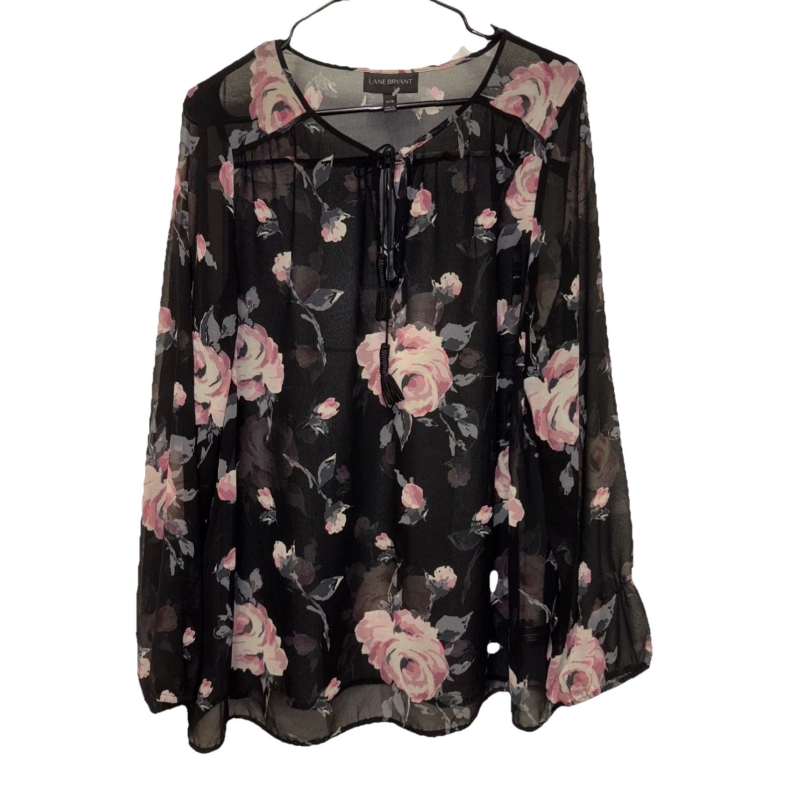 Vintage Lane Bryant Blouse Shirt Tunic Top Boho Peasant Floral Sheer Black Balloon Sleeve V-Neck Polyester 14 16 Casual Womens Size XXL / US 16-18 / IT 52-54 - 2 Thumbnail