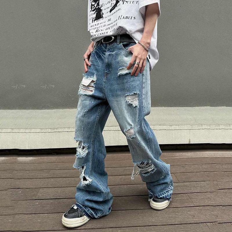 Jean × Vintage Washed Hole Micro Flare Street Jeans Size US 34 / EU 50 - 3 Thumbnail