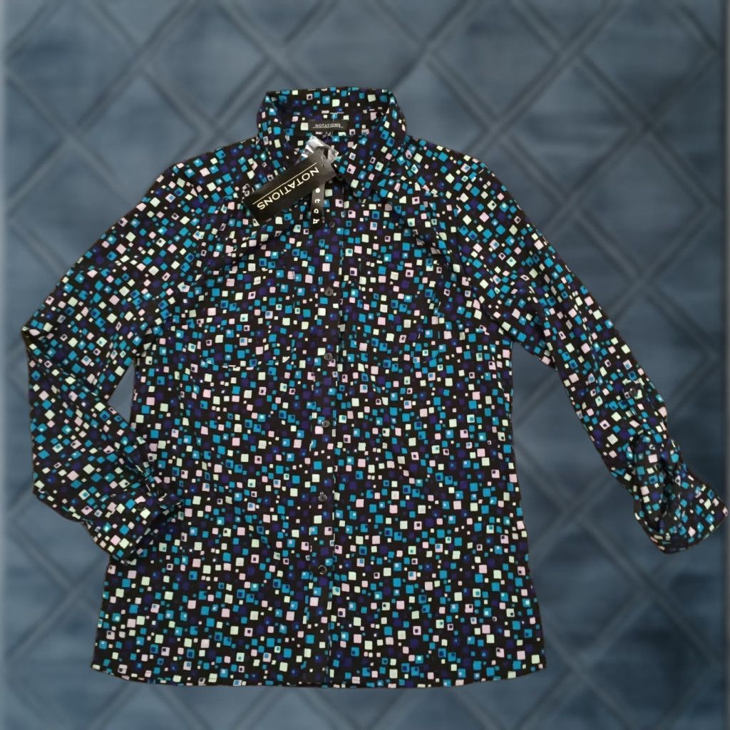 Vintage Notations Shirt Womens Small Blue Geometric Roll Tab Long Sleeve Button Up New Size S / US 4 / IT 40 - 1 Thumbnail