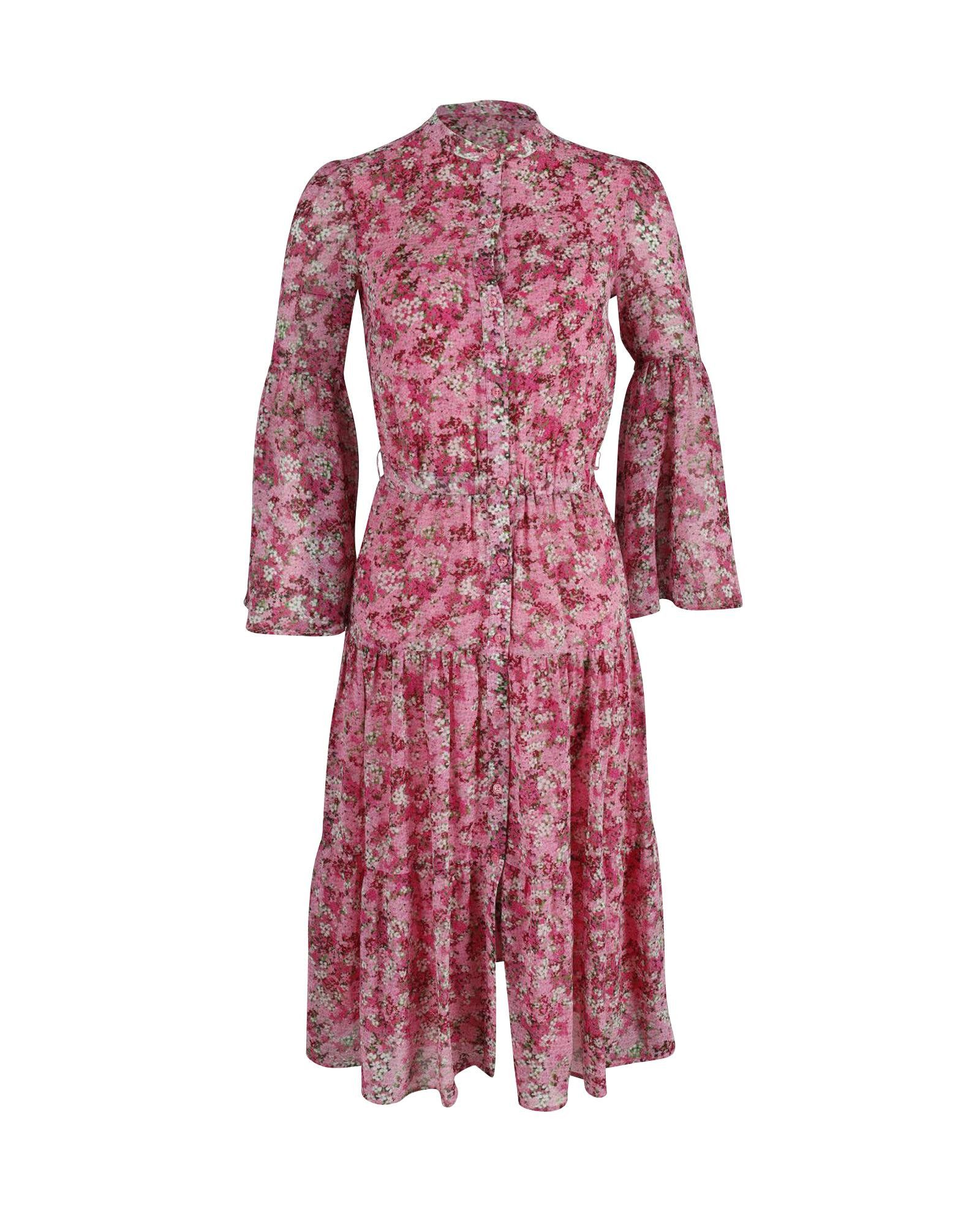 Image of Michael Kors Floral-Print Tiered Chiffon Midi Dress In Pink Polyester in Floral Print, Women's (Siz