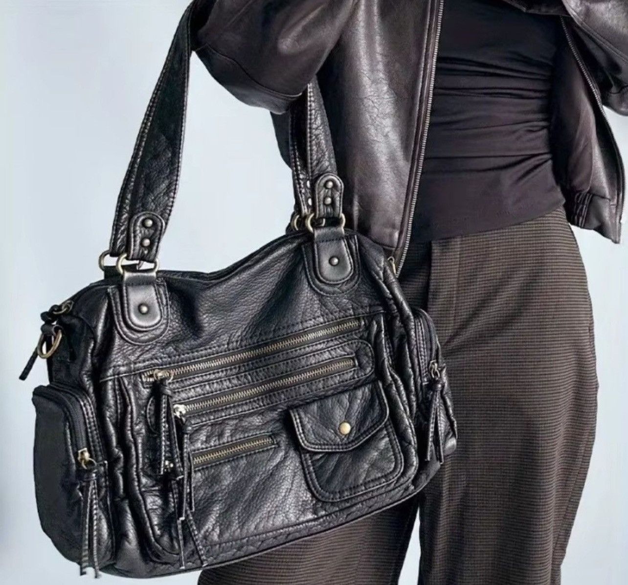 Leather Ladies' Vintage Multi-Zipper Motorcycle Tote Bag Size ONE SIZE - 1 Thumbnail