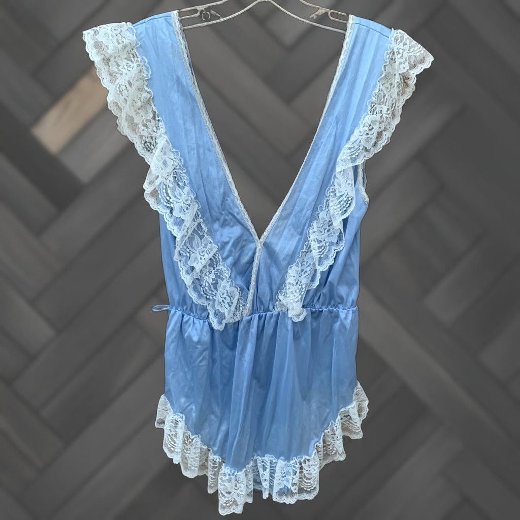 Vintage VINTAGE Flair Nylon Teddy One Piece Playsuit Romper Lace Ruffle Union Made Sz M Blue 1980s Glam Rock Flair Mens Womens Girls Boys Size 32" / US 10 / IT 46 - 1 Thumbnail