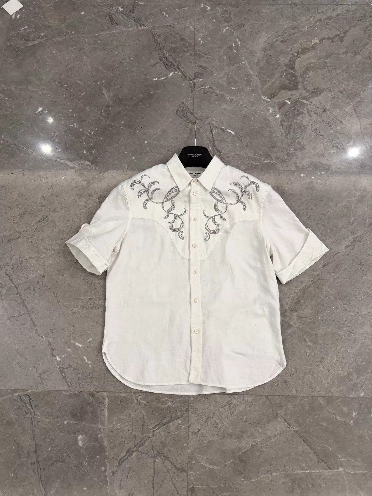 Saint Laurent Paris White Short Sleeve Embroidered Collar Shirt Size US M / EU 48-50 / 2 - 1 Thumbnail