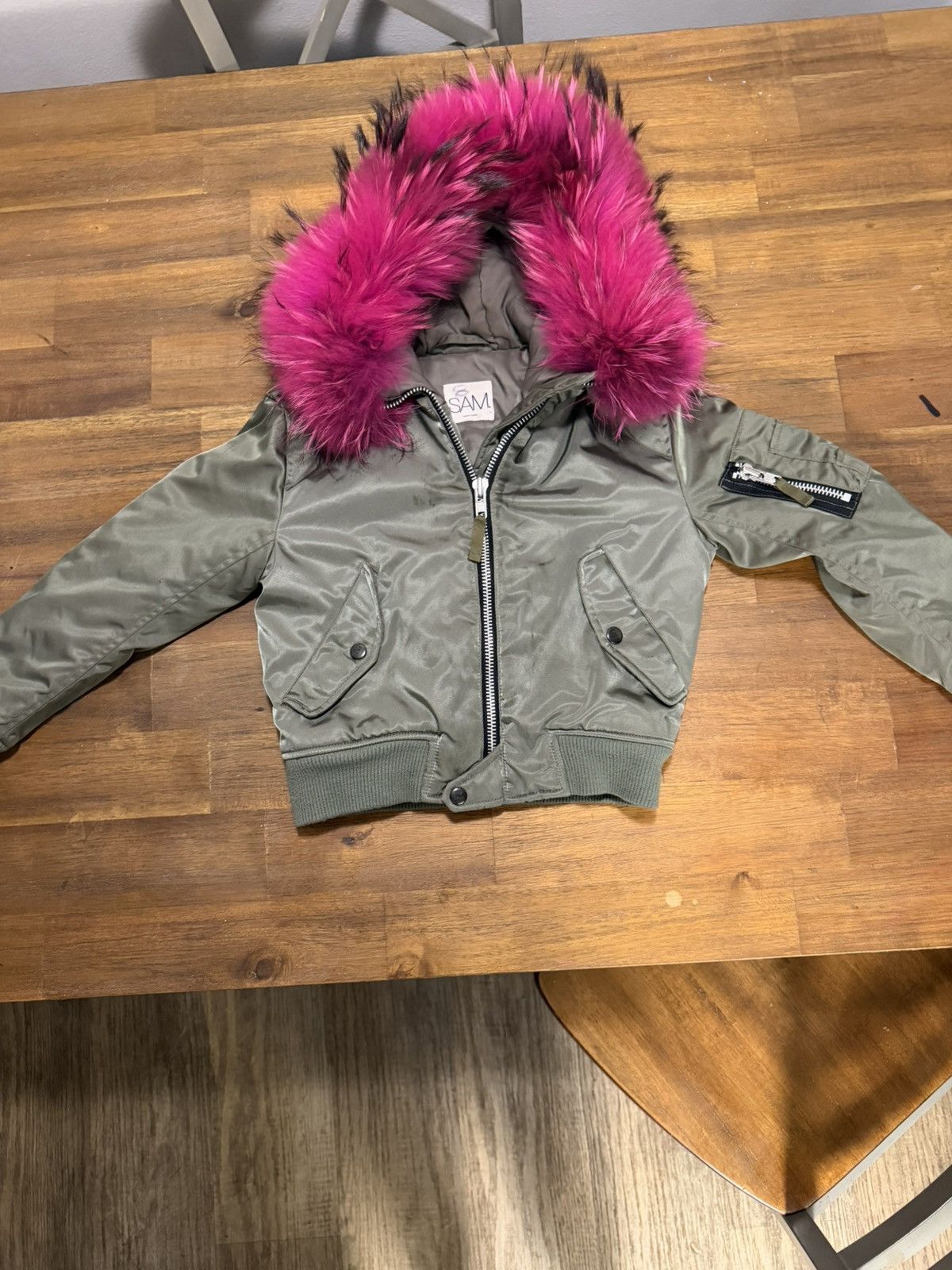 SAM. Sam Bomber Jacket Girls Size 8 Green Pink Fur Collar Size M / US 6-8 / IT 42-44 - 2 Thumbnail