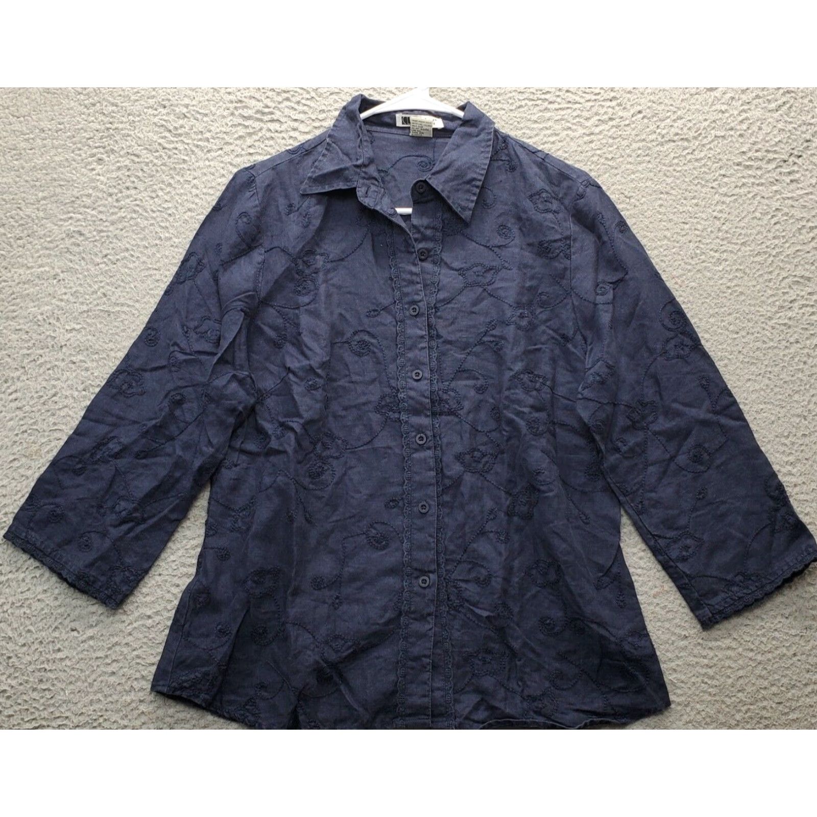 Vintage Carole Little Shirt Womens L Navy Linen Embroidered Collared Button Front Size L / US 10 / IT 46 - 2 Thumbnail