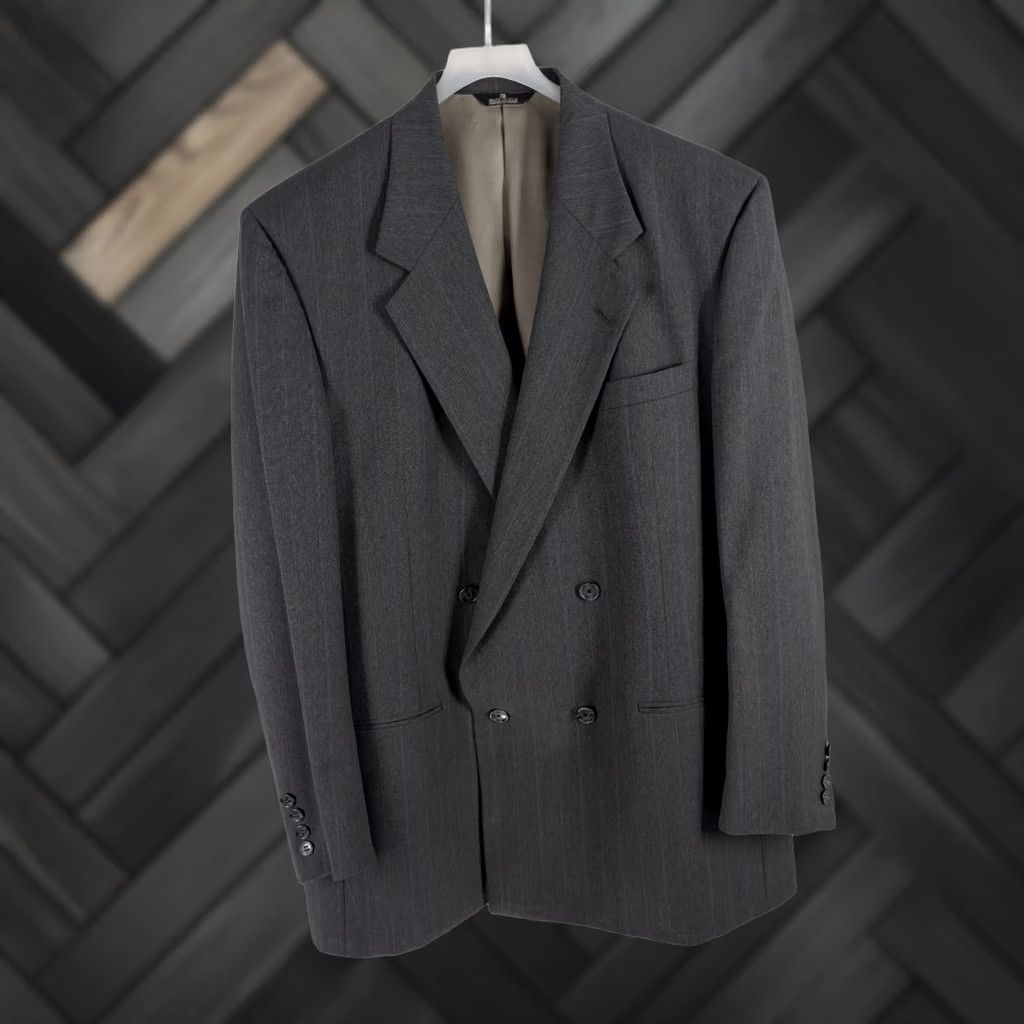 Perry Ellis VINTAGE Perry Ellis Marc Jacobs Double Breasted Wool Blazer Grey 90s Men 44 Regular Chest 44in Wall Street Pinstripe USA Blazer/Men’s Sports Coat Size 44R - 1 Thumbnail