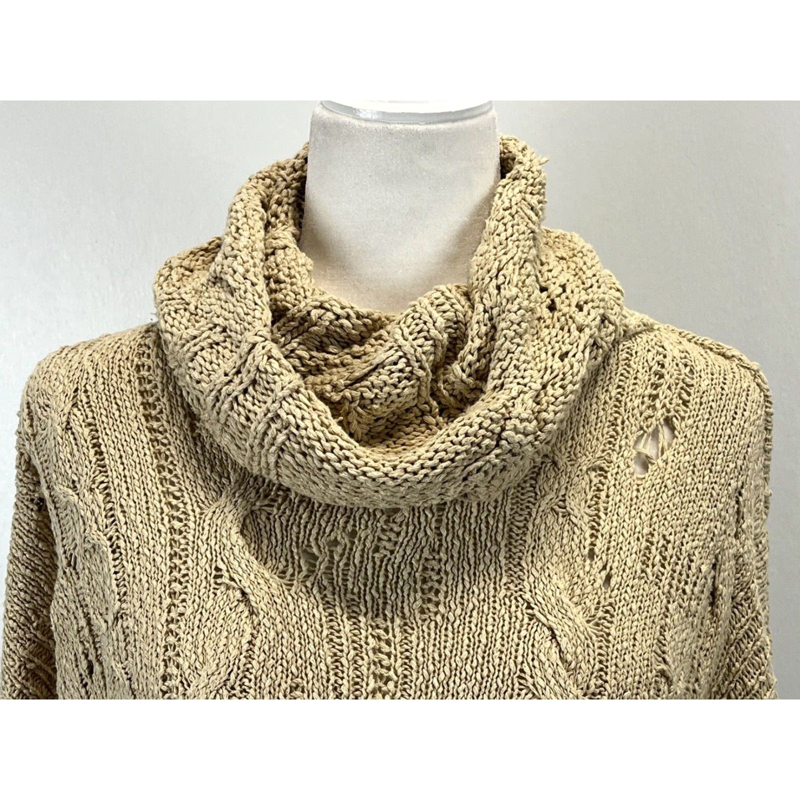 Free People Free People Shades Of Dawn Sweater Shirt Women Small Tan Knit Cowl Neck Distressed Crop Slouchy Cotton Blend 2020s Size S / US 4 / IT 40 - 5 Thumbnail