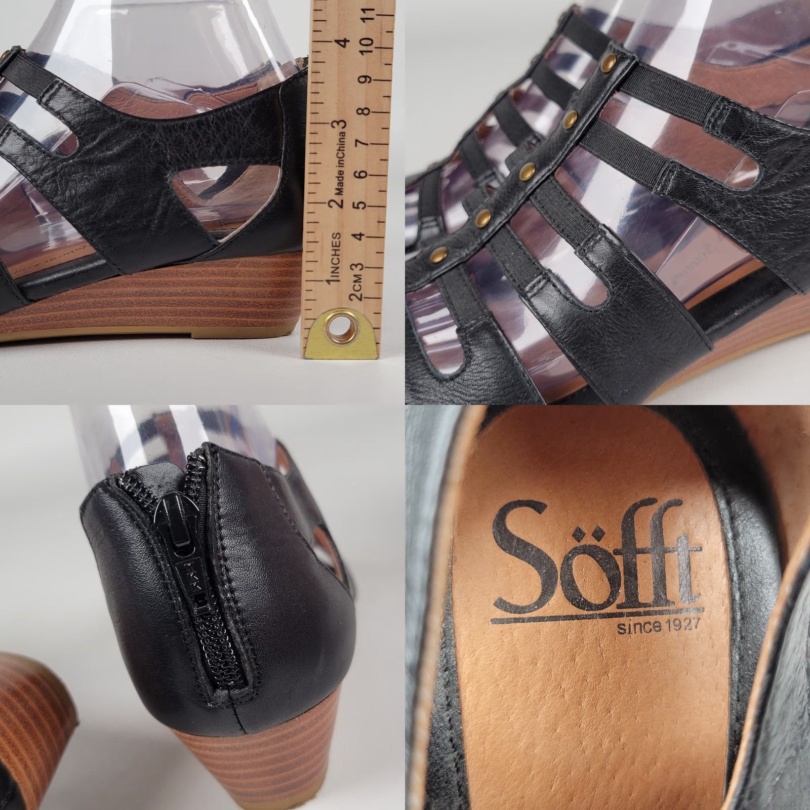 Vintage Söfft Sandals Womens Black Elastic Studded Wedge Heel Sandals 8M Buckle Arch Support Cushioned Leather Size US 8 / IT 38 - 8 Thumbnail