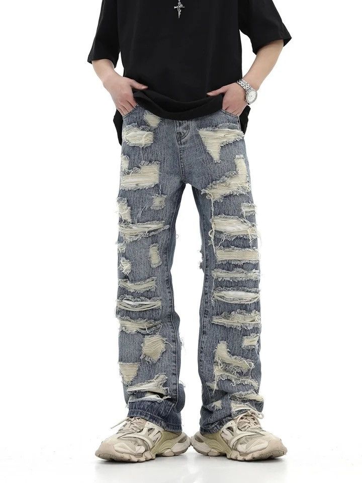 Vintage washed torn hole cut straight tube loose fitting jeans Size US 33 - 2 Thumbnail