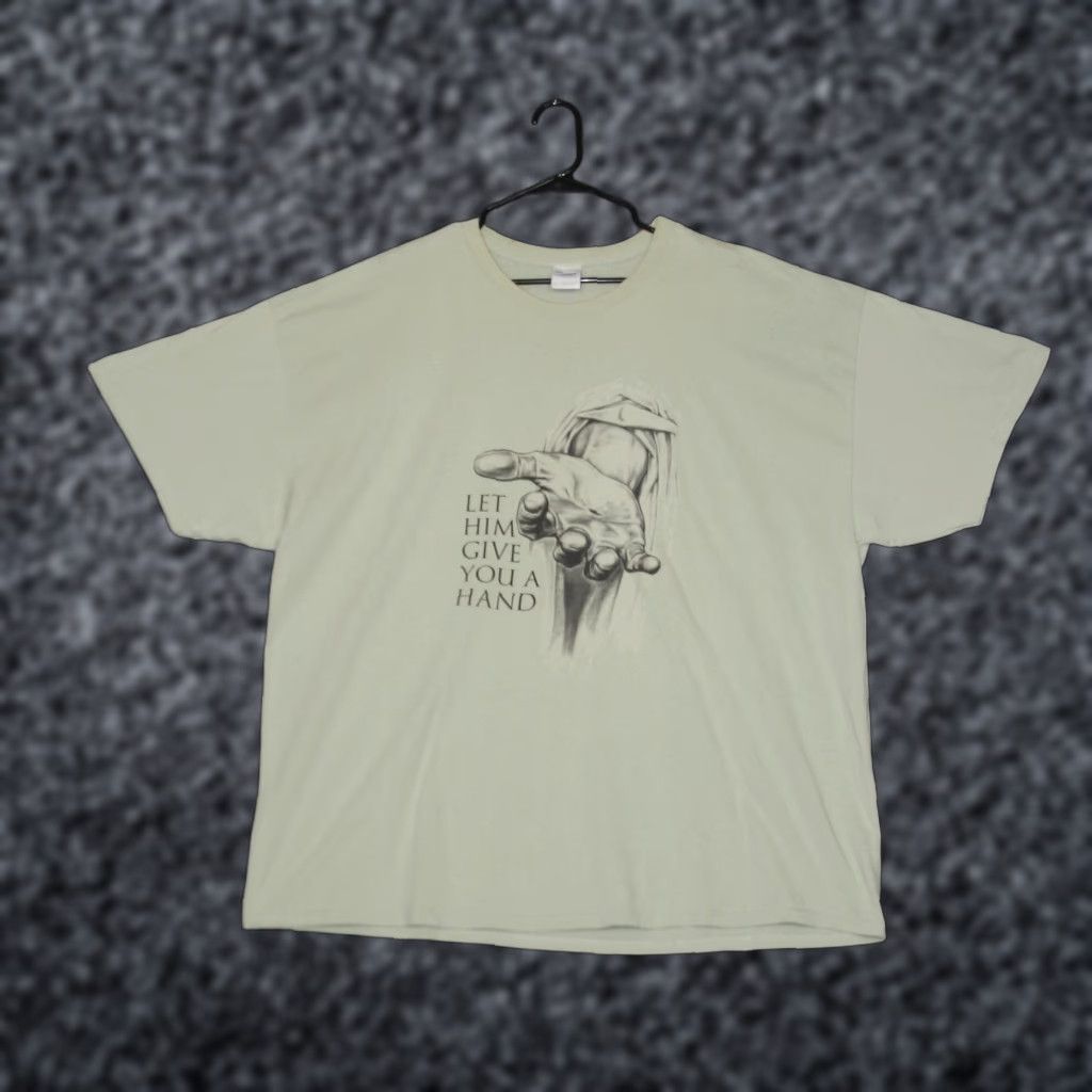 Gildan VTG Let Him Give You A Hand Graphic T Shirt Mens 3XL Green Jesus Teee Streetwear Size US XXL / EU 58 / 5 - 1 Thumbnail